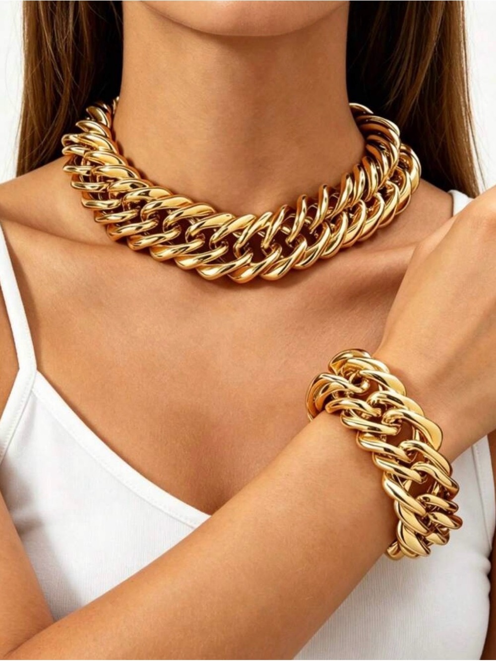 Gold Chunky Chain Necklace and Bracelet Set - Women Jewelry